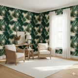 Green emerald canopy wallpaper with palm frond pattern, covering the entire room.