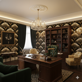 Ornate gilt wallpaper with a fan pattern, set in a classically styled office.