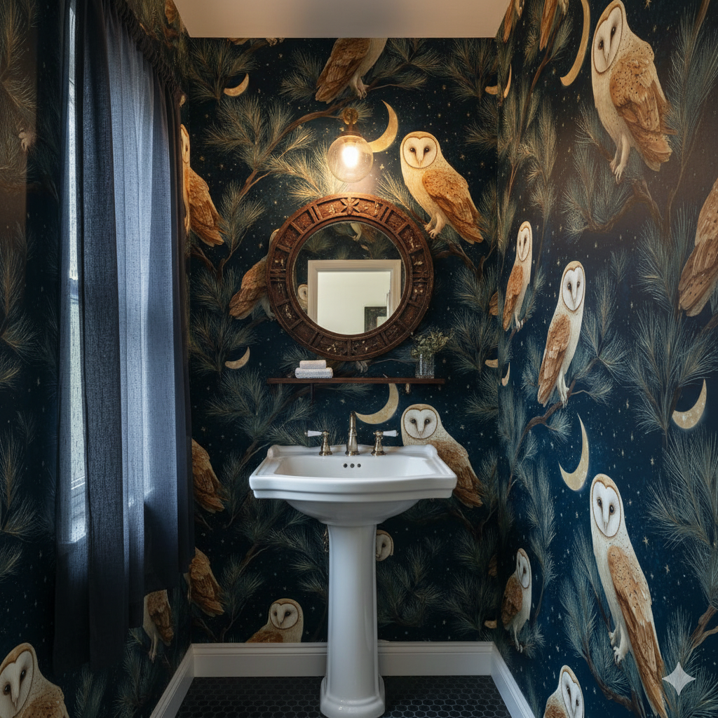 Celestial Roost Wallpaper with owls and moons, against a deep blue starry background.
