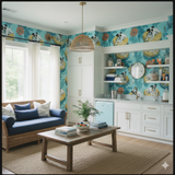Novelty wallpaper with dog pattern with tropical details, covering an accent wall in a room with a wicker sofa.