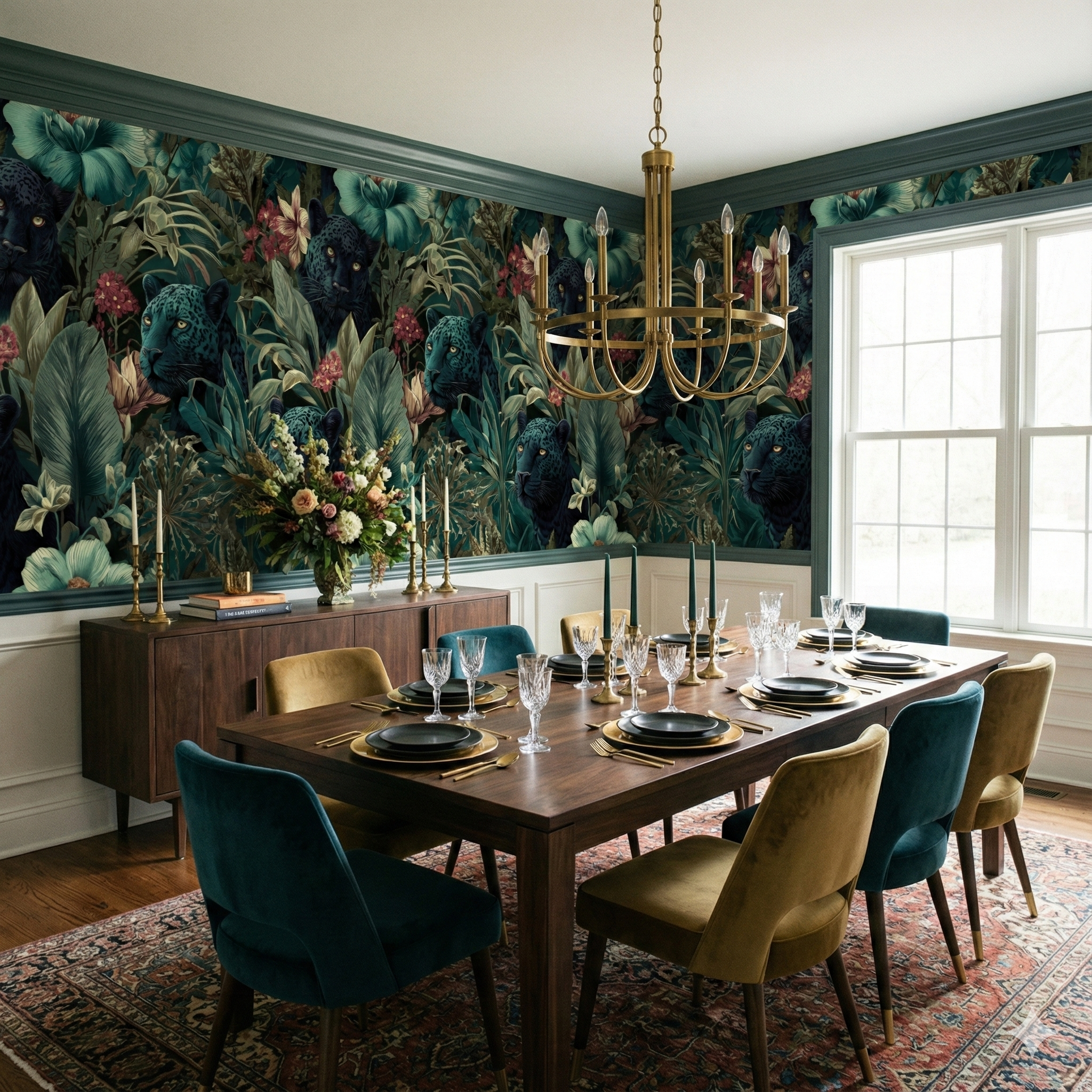 Floral jungle wallpaper with black panthers, from Templewood, featuring colorful flowers and green leaves.