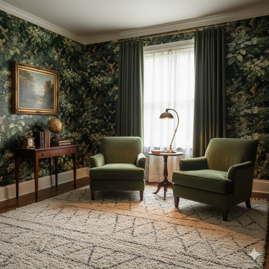 Woodland Creatures Wallpaper with lush greenery and deer, covering a wall, complementing the room's traditional décor.
