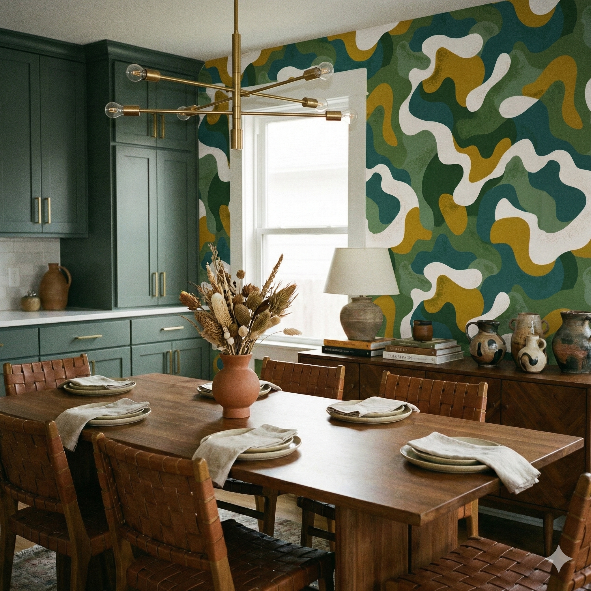 Abstract pattern wallpaper in green, mustard, and white, with a playful, modern design.