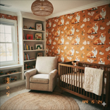 Marmalade Mornings Wallpaper with corgi and daisy pattern on a orange background.