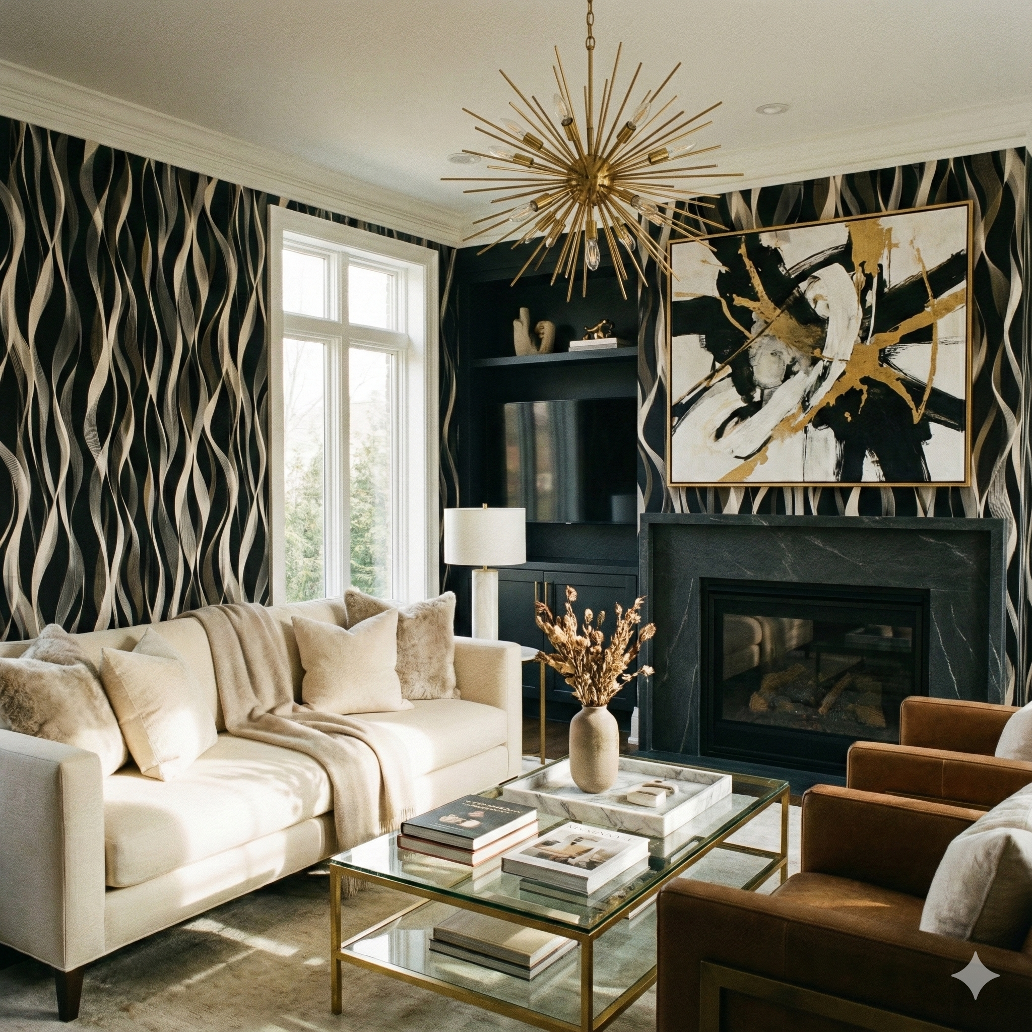 Abstract wave wallpaper with black, white, and gold pattern, styled in a modern living room.
