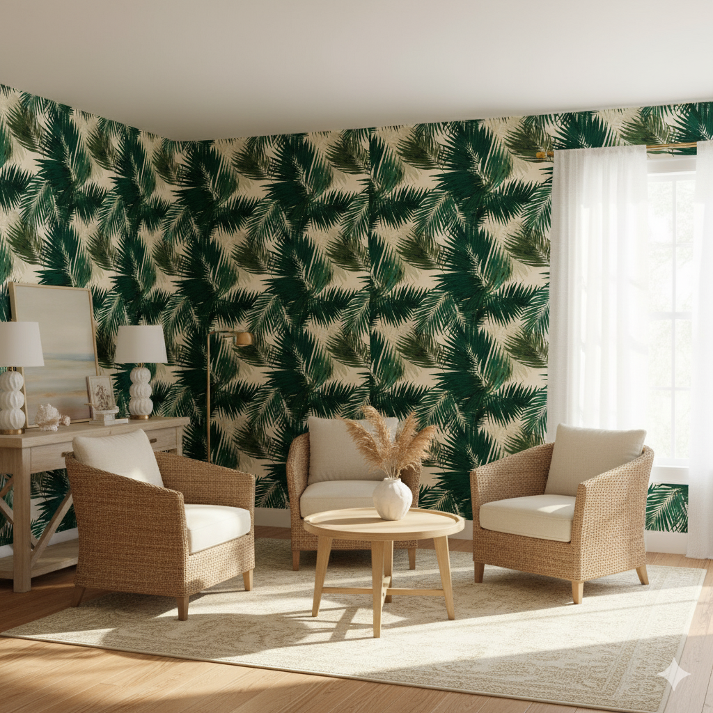 Emerald Canopy Wallpaper with green palm leaf pattern on beige background.