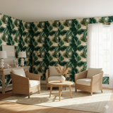 Emerald Canopy Wallpaper with green palm leaf pattern on beige background.