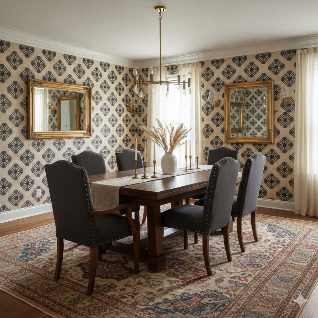 Blackthorn Mesa wallpaper featuring a gray floral trellis pattern on a beige textured background.