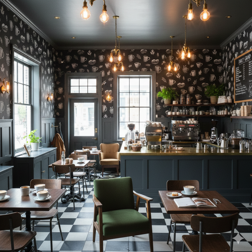 Café Noir wallpaper with a coffee cup pattern, covering the walls of a café-style interior.
