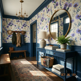 Floral lavender wick wallpaper with a flower pattern, visible in a styled room setting.