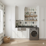 Patterned tile wallpaper with diamond design, featuring neutral and green tones, displayed in a laundry room setting.
