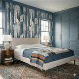 Tideland Strata Wallpaper by York Wallcoverings with a vertical abstract pattern in shades of blue and neutral.