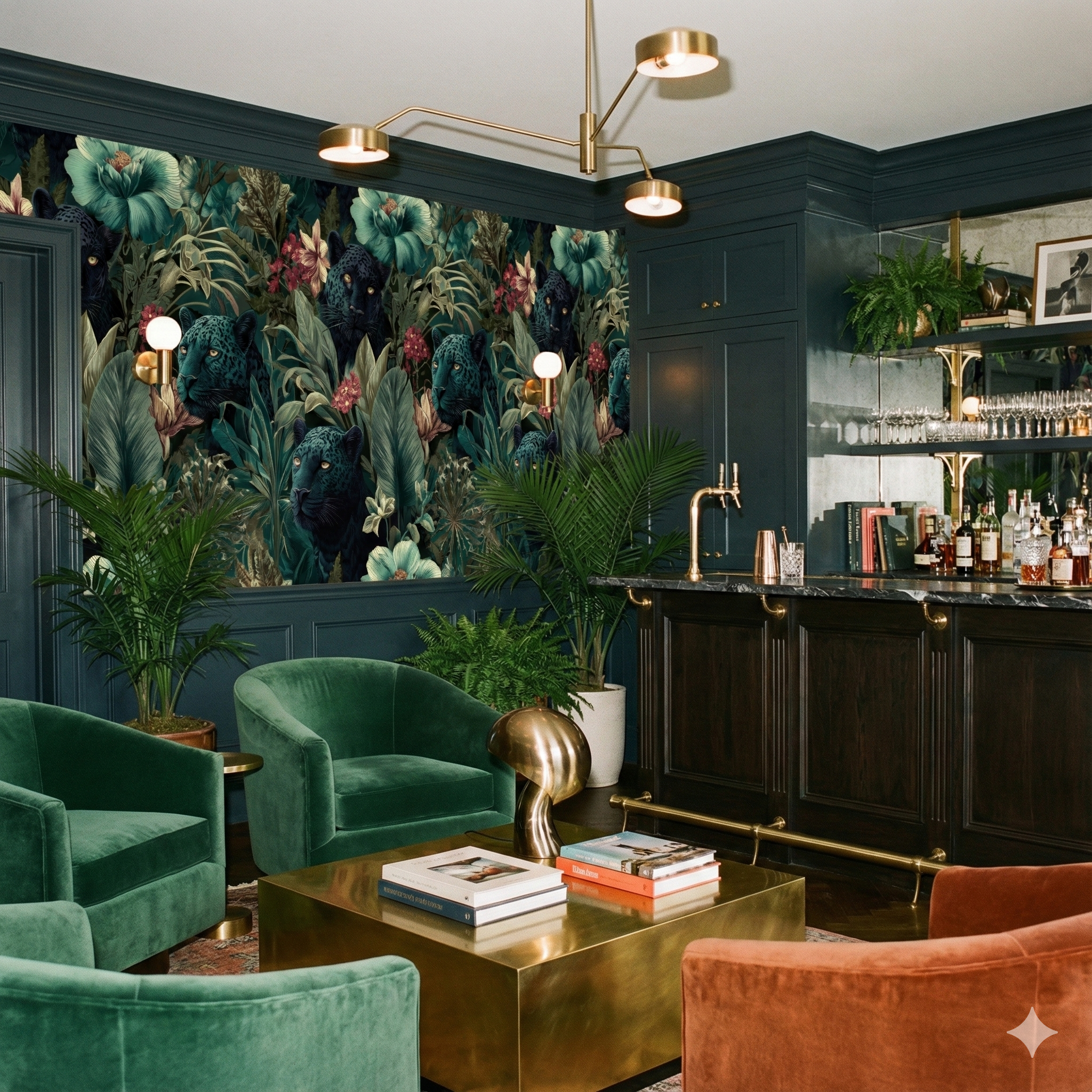 Floral and panther wallpaper with tropical leaves from Templewood, shown in a stylishly decorated bar and seating area.

