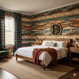 Birchwater Canoes Wallpaper with canoe pattern from Birchwater, covering the walls of a bedroom.