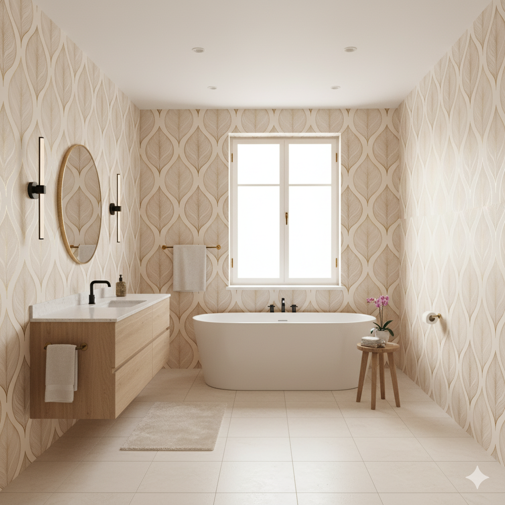 Leaf pattern wallpaper with gold veins, textured with vertical orientation.