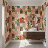 Arroyo Rosa Wallpaper featuring potted cactus blocks, from Wallshoppe, in a colorful modern design.