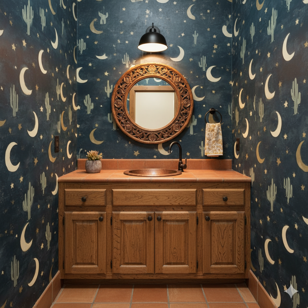 Desert Midnight Wallpaper with cacti and moons, against a dark blue background.

