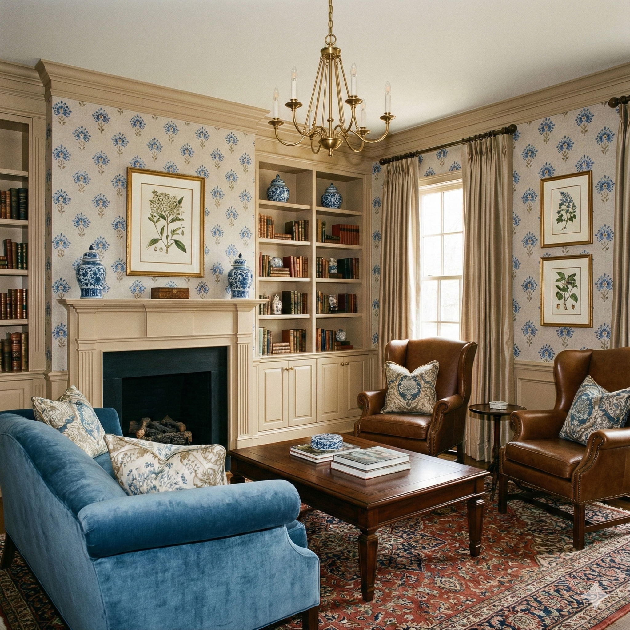 Blue Embroiderie Wallpaper with floral pattern, decorating a traditional living room with tan trim and vintage furniture.