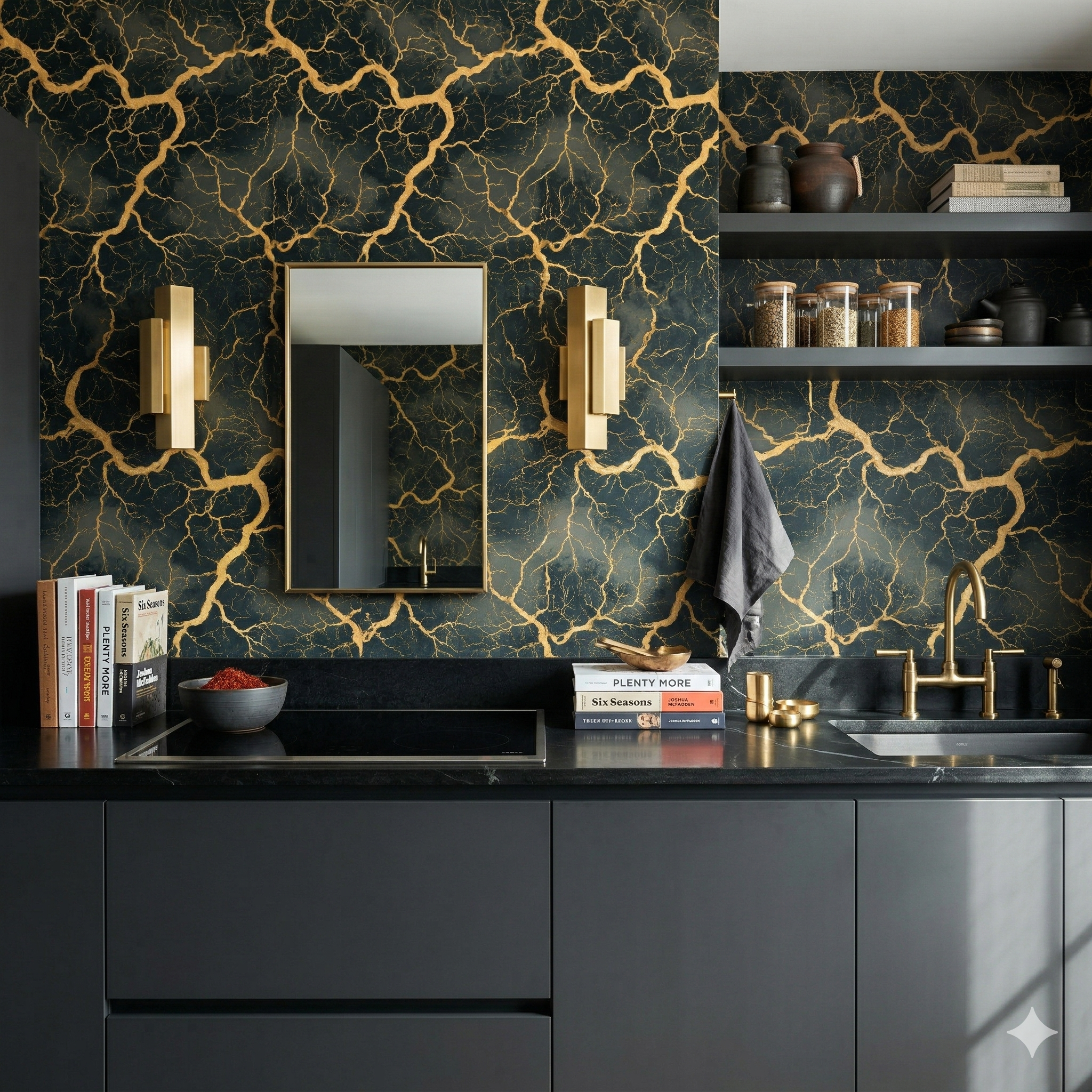Gilded faultline wallpaper with gold veining pattern over dark background.