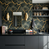 Gilded faultline wallpaper with gold veining pattern over dark background.