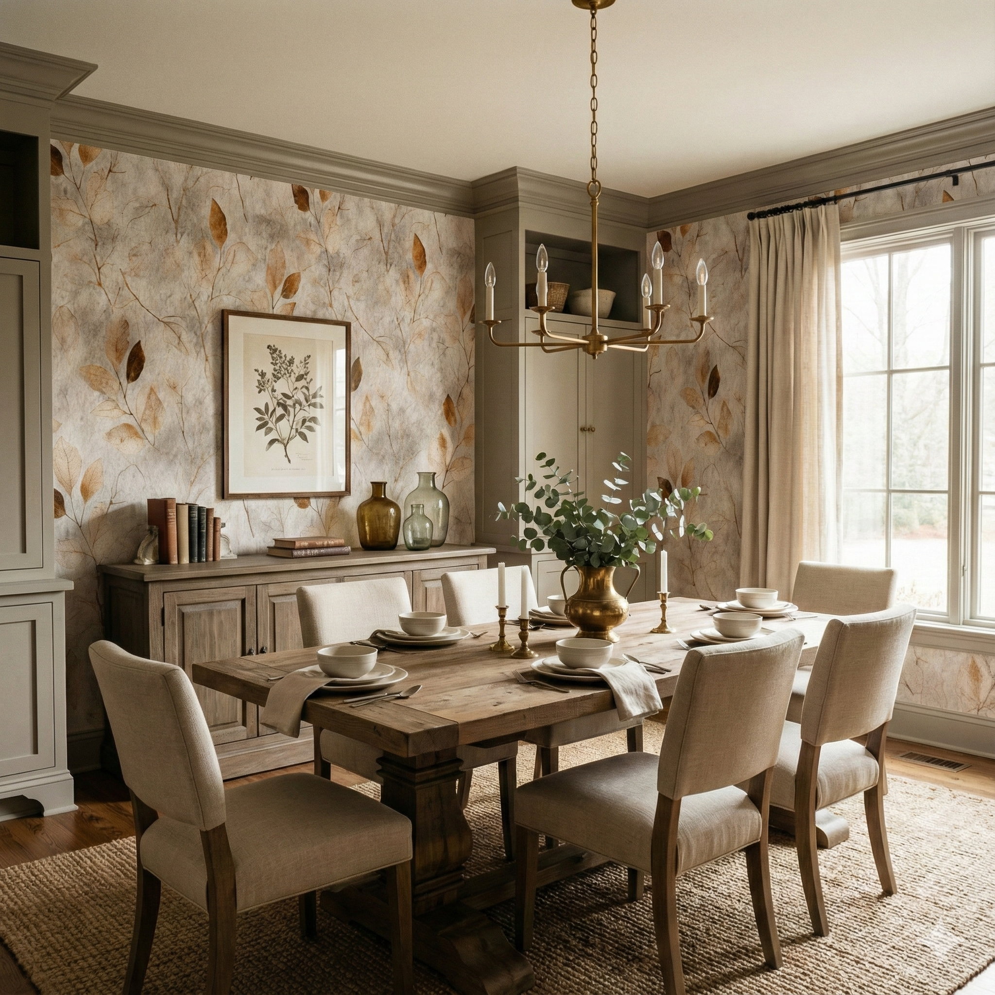 Hearthborn Leafpress Wallpaper with leaf pattern over a neutral background.