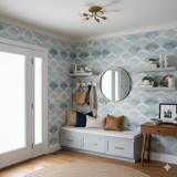 Tidal Echo Crest wallpaper with a wave pattern, in blue and white, covering an entry room.