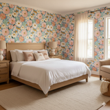 Mushroom Bloom Wallpaper with floral pattern, in a bedroom setting.