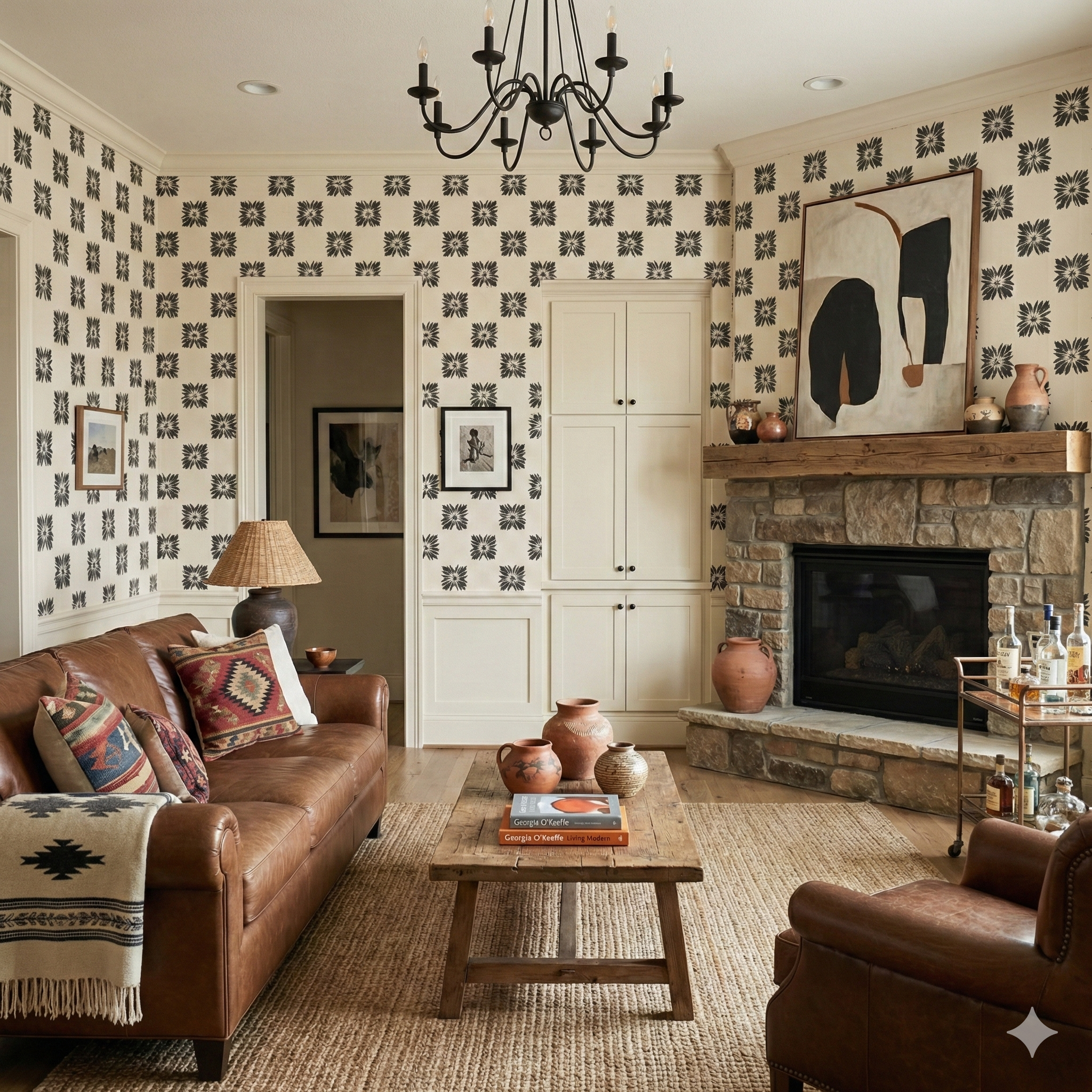 Spurline Assembly Wallpaper with floral pattern in a living room interior setting.