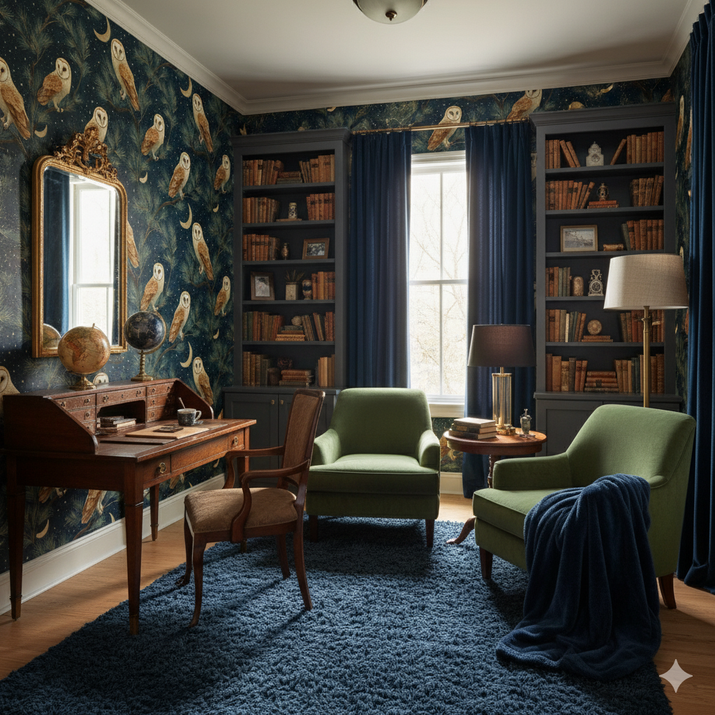 Celestial Roost Wallpaper with owl and moon pattern on a dark botanical background.