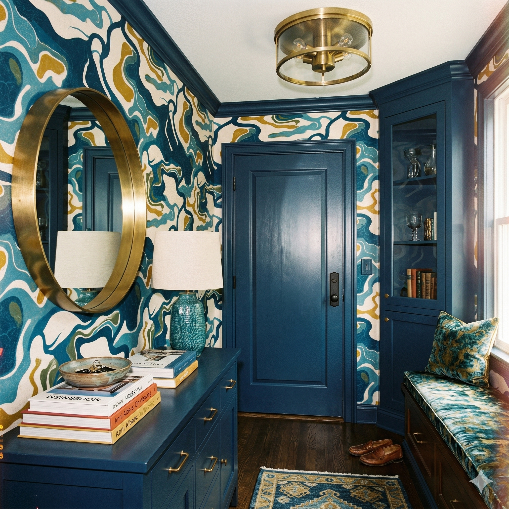 Estuarine Drift Wallpaper featuring an abstract organic pattern, including white, blue, and gold hues.
