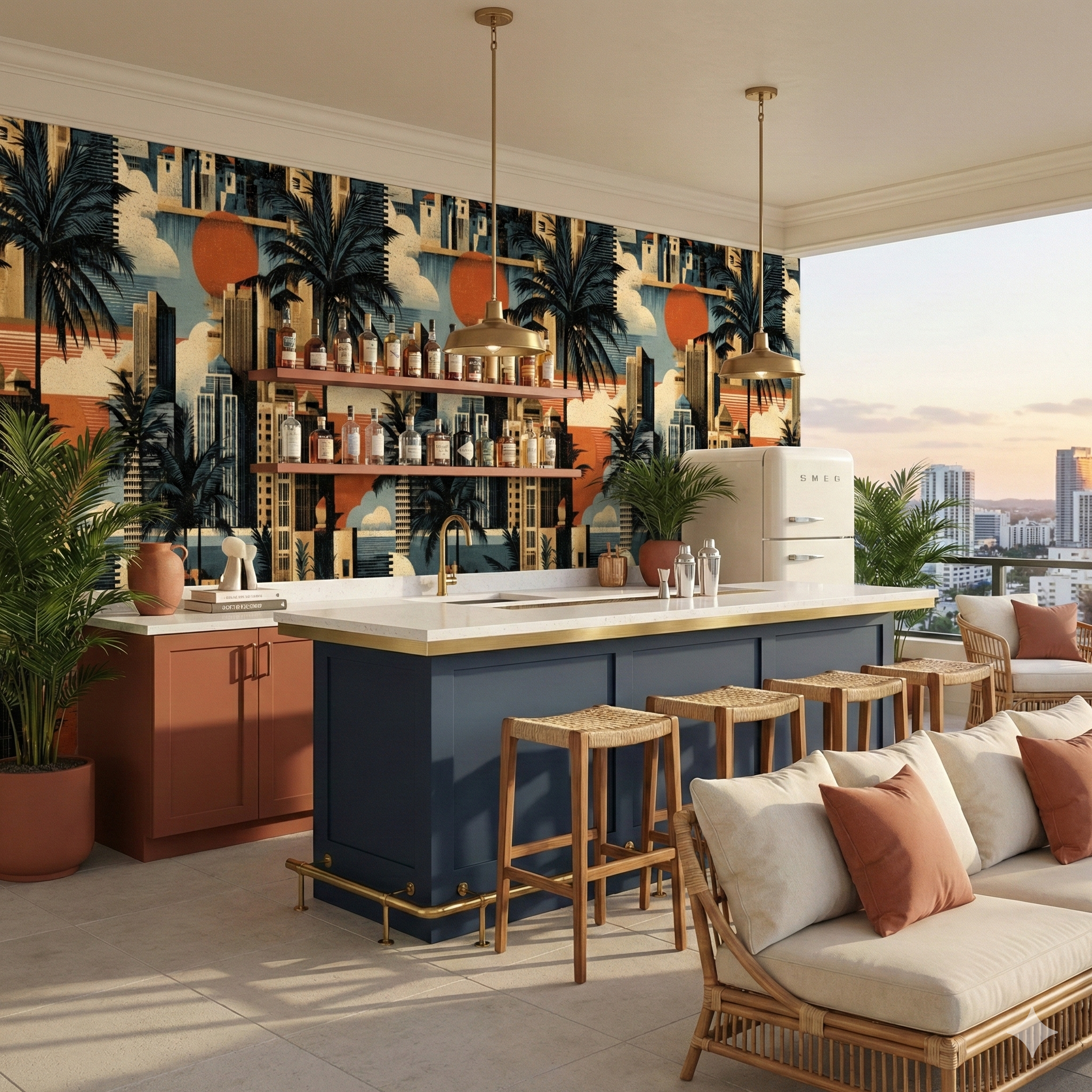 Sunburnt Skyline Wallpaper with cityscape and palm tree pattern, perfect for interior decoration.
