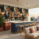 Sunburnt Skyline Wallpaper with cityscape and palm tree pattern, perfect for interior decoration.

