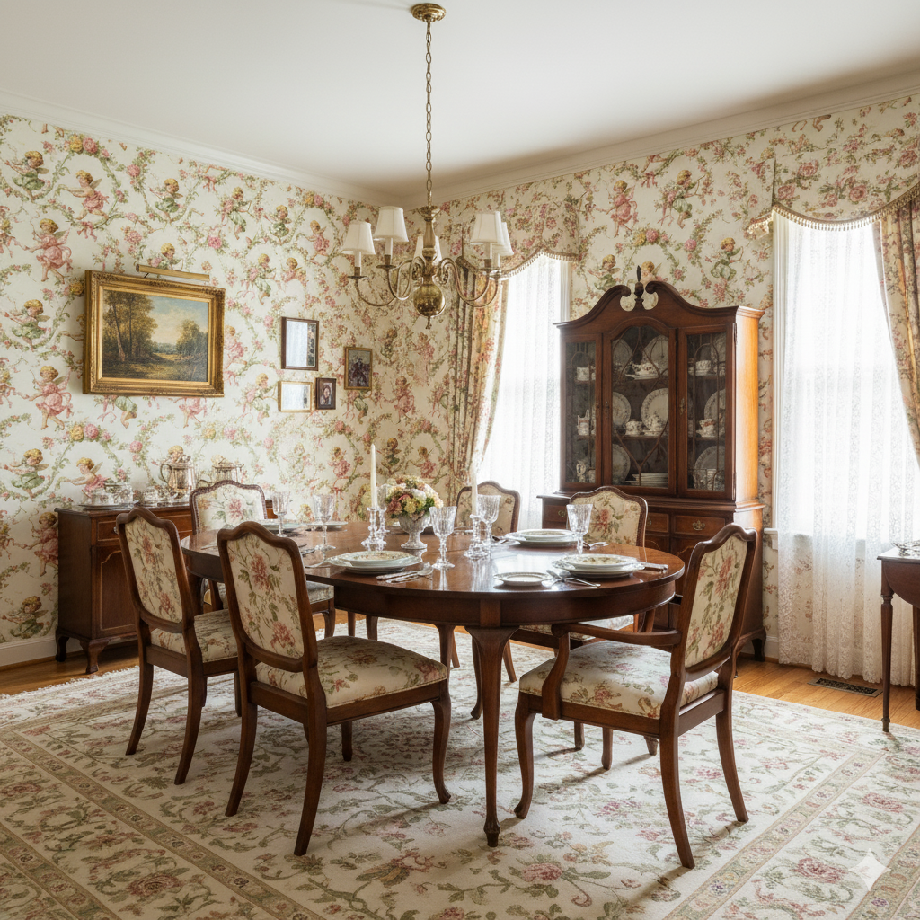 Chérubin Gala Wallpaper with cherub and floral pattern on a cream background.
