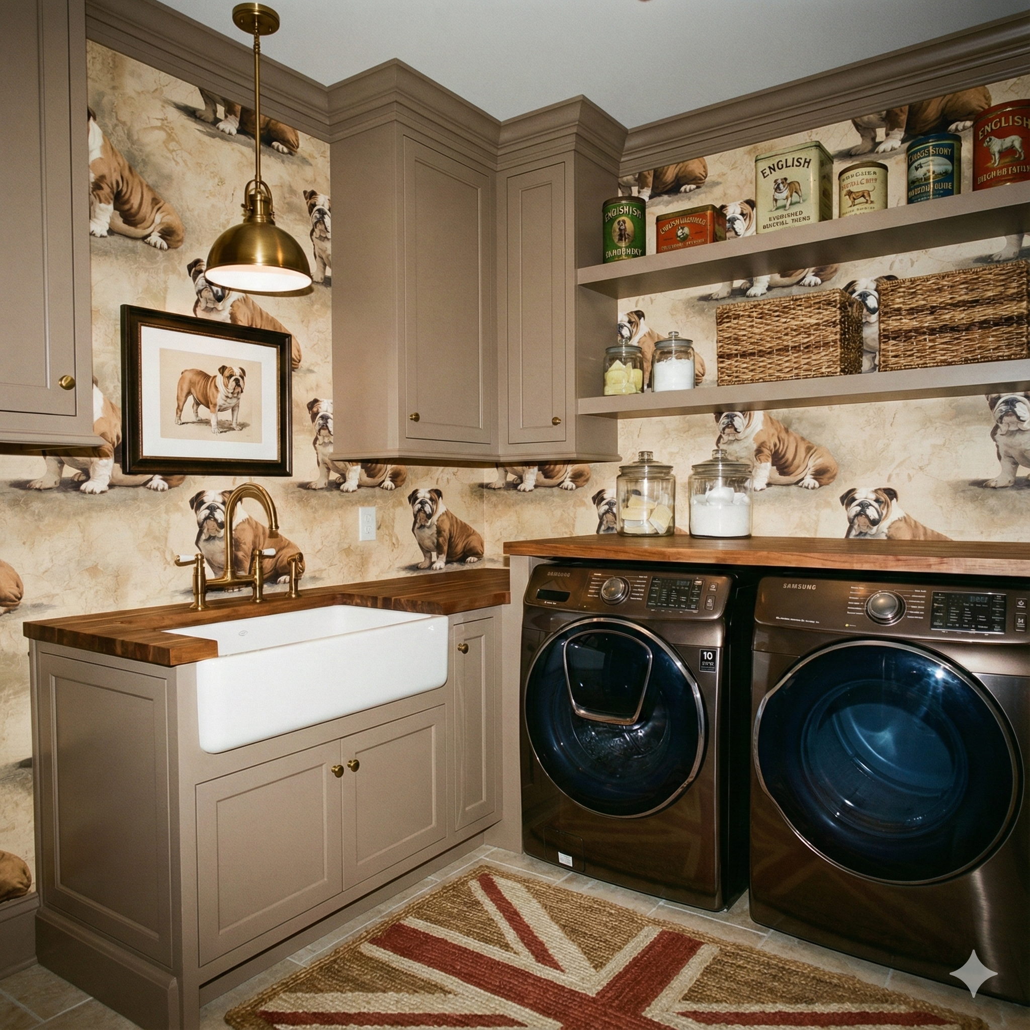 Regent's Quarry wallpaper with bulldog pattern and vintage accents.
