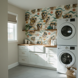 Novelty golden retriever wallpaper with sunglass wearing dogs, by RoomMates, in a laundry room setting.
