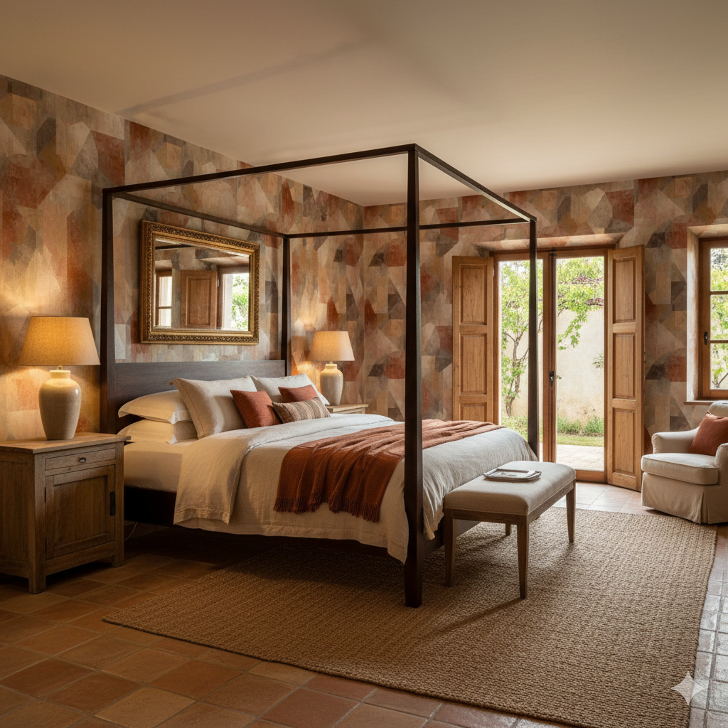 Geometric Redrock Quarry Wallpaper, with a stone-like texture, featuring brown, beige and red accents.
