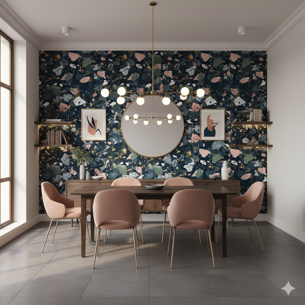 Colorful terrazzo pattern wallpaper, Celeste Oro Wallpaper, with dark blue, pink, and green fragments.