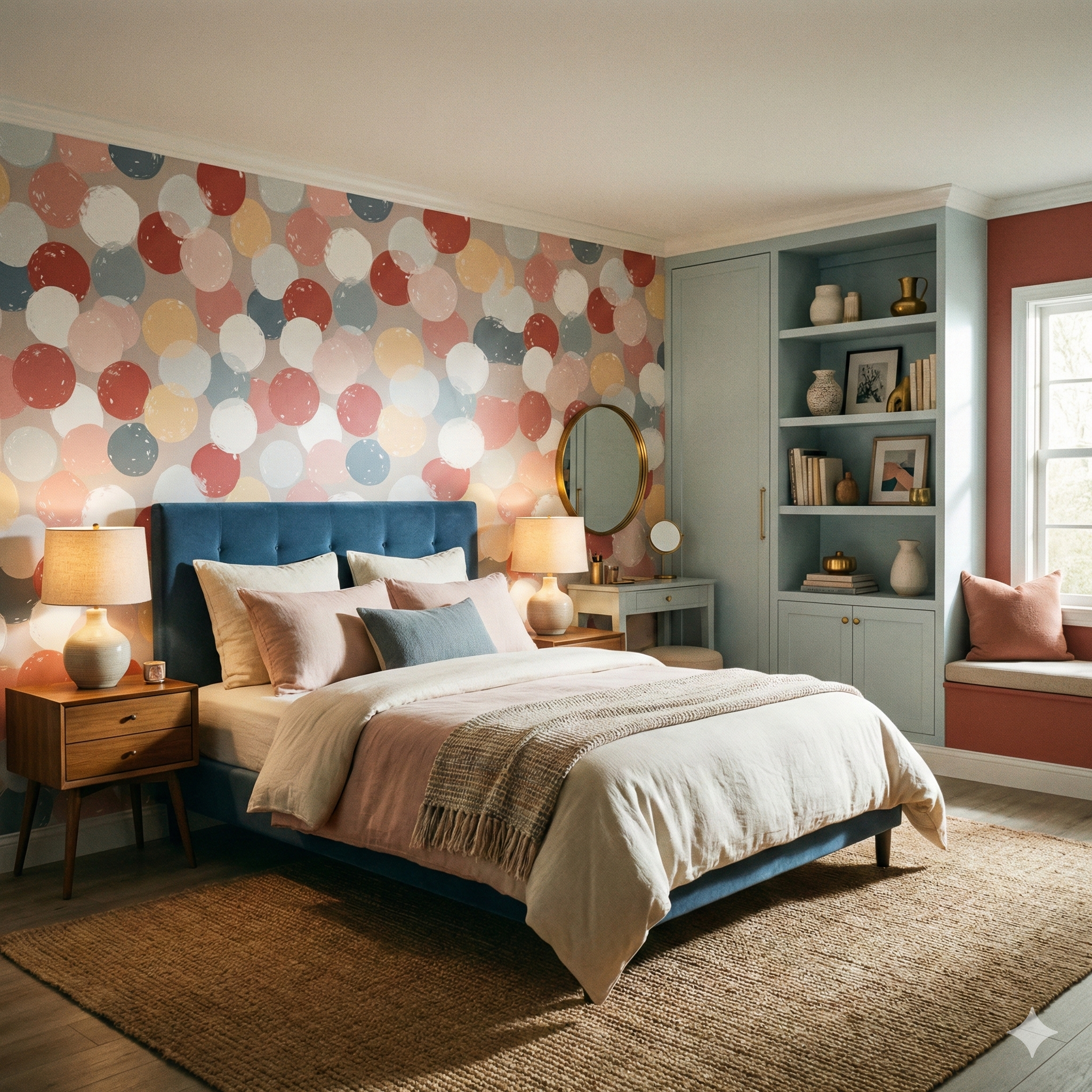 Pastel orb studio wallpaper with a polka-dot pattern, featuring colors such as red, yellow, and gray.