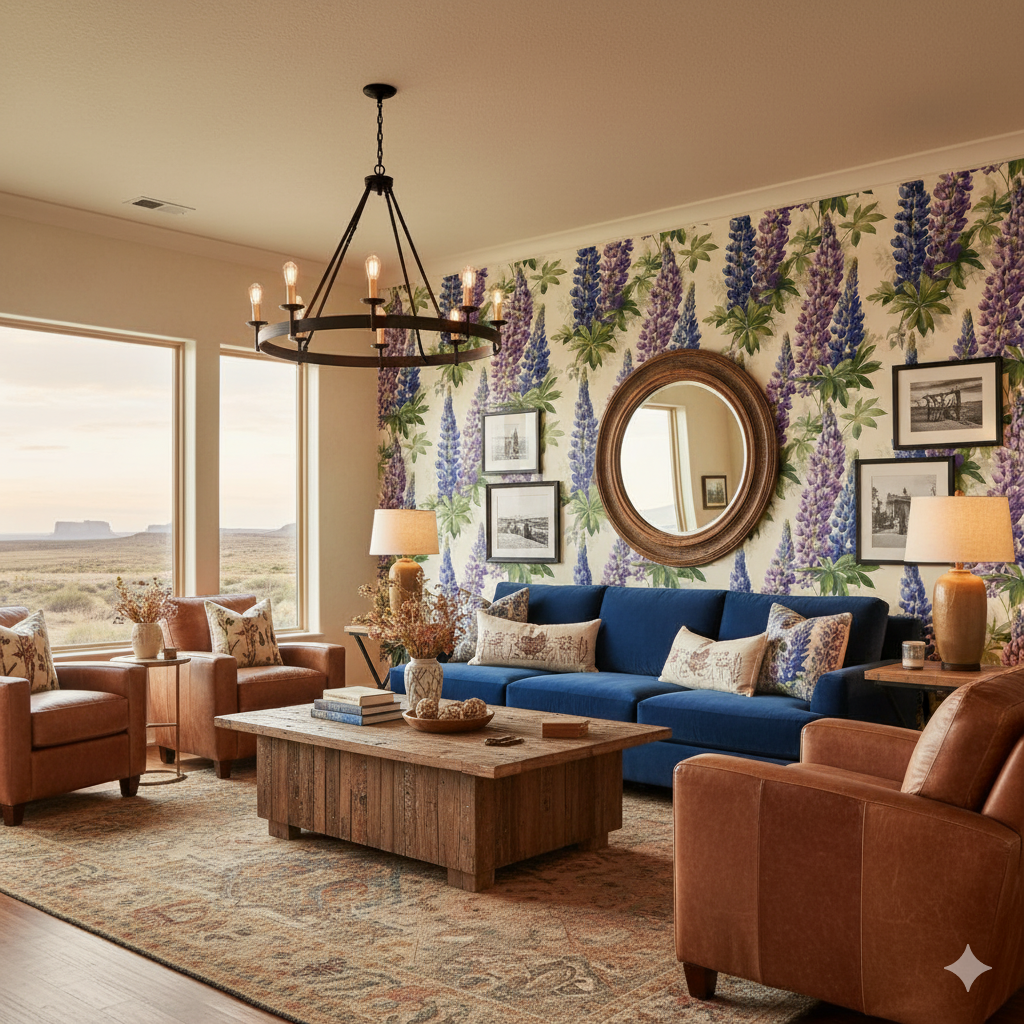 Lupine Reverie wallpaper with a purple lupine floral pattern on an off-white background.