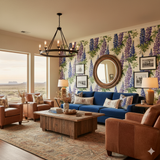 Lupine Reverie wallpaper with a purple lupine floral pattern on an off-white background.