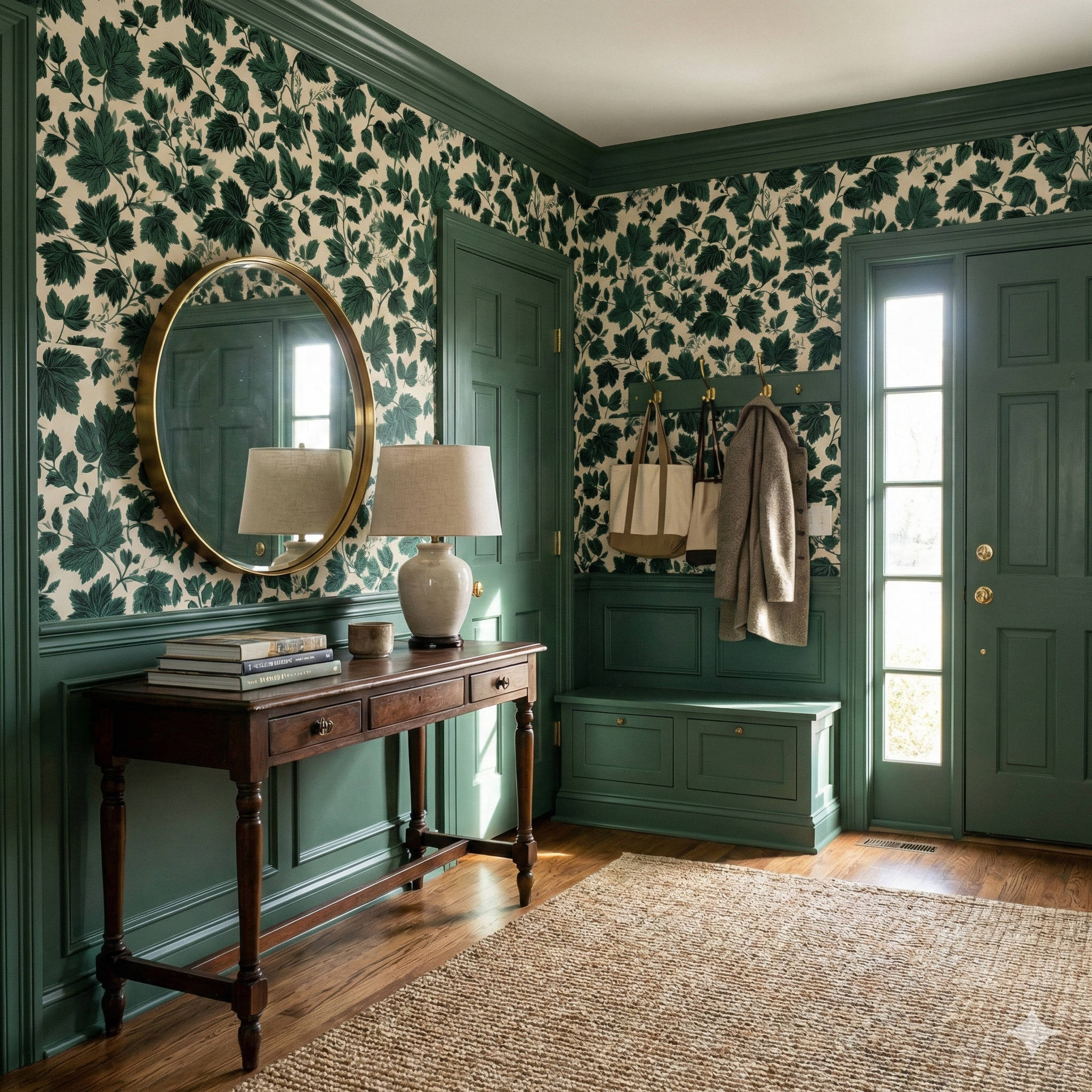 Green leaf pattern Hearthwood Canopy Wallpaper with botanical details.
