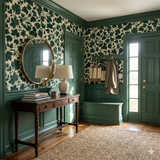 Green leaf pattern Hearthwood Canopy Wallpaper with botanical details.
