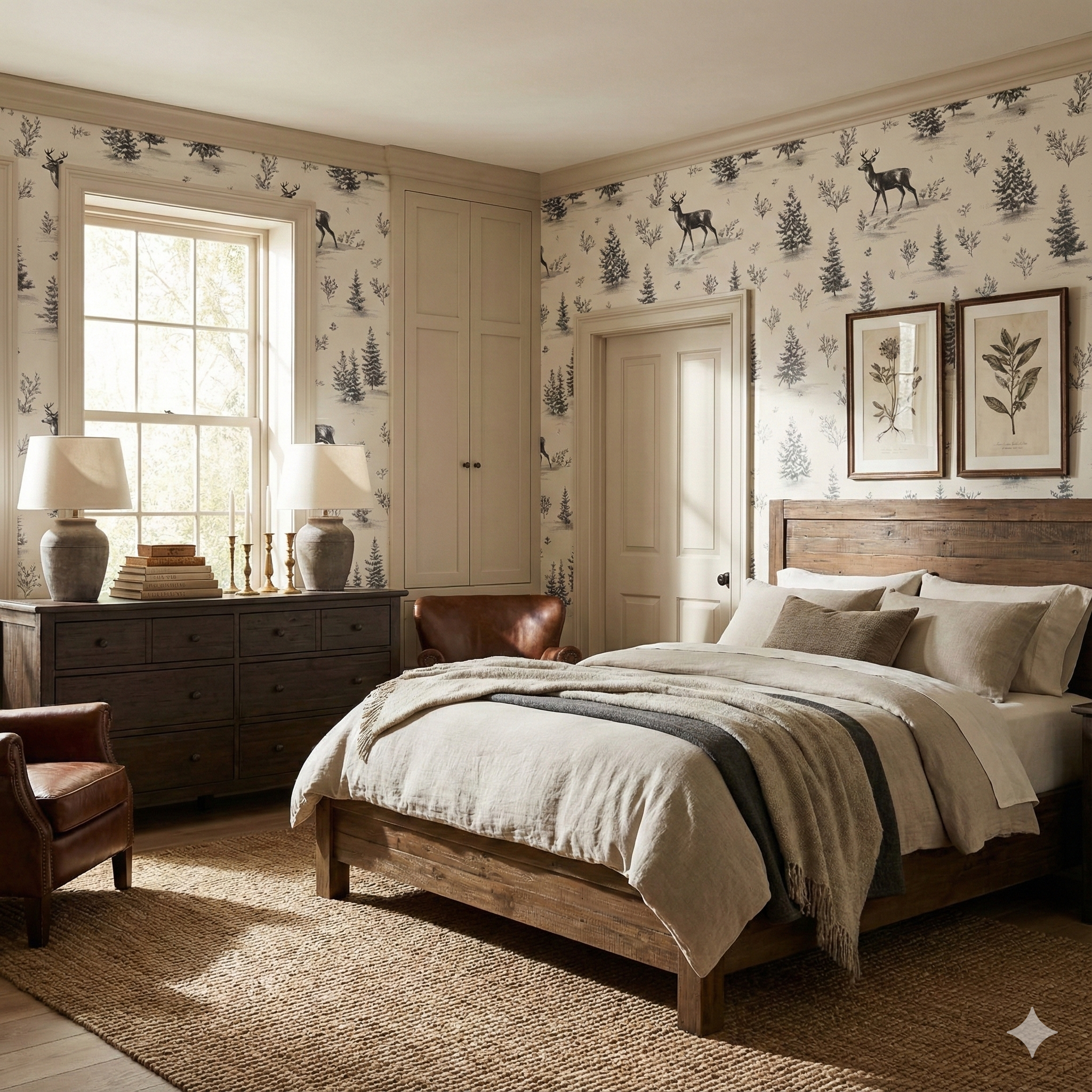 Pinecrest Stroll wallpaper, featuring a woodland scene with deer and trees, with a muted color palette.