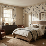 Pinecrest Stroll wallpaper, featuring a woodland scene with deer and trees, with a muted color palette.