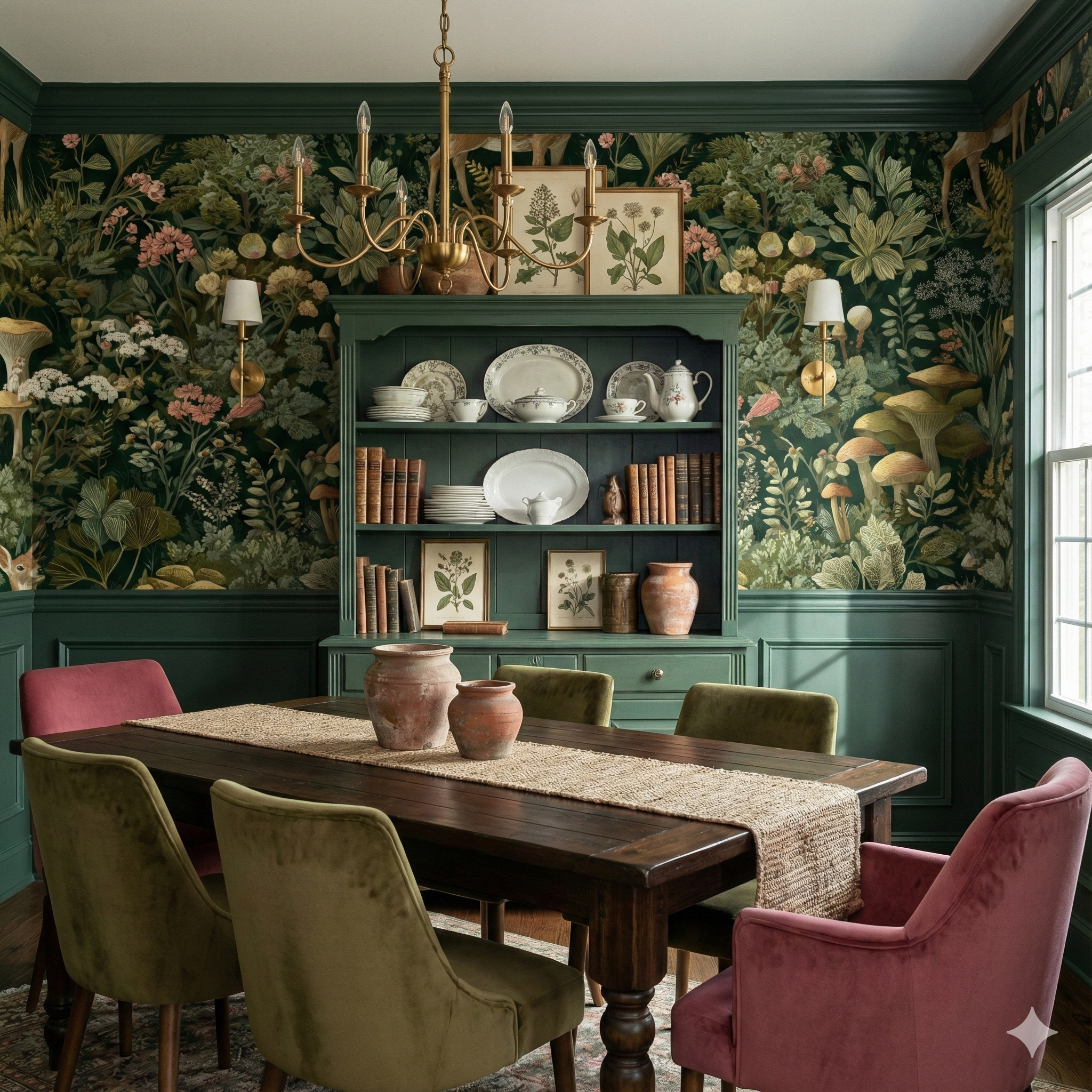 Forager wallpaper with a botanical design, Hearthwood, displayed in a styled dining room setting.