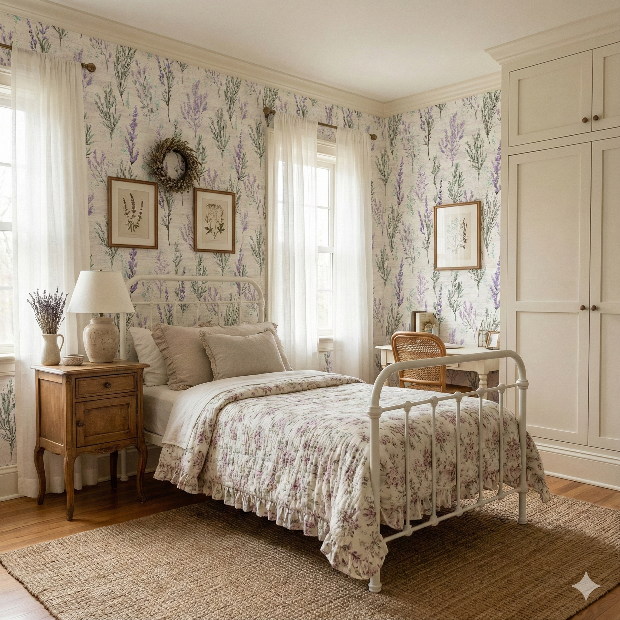 Lavender Field Notes wallpaper with botanical pattern, a sprig of lavender and green leaves on a light background.