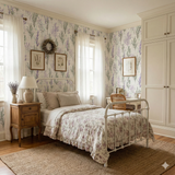 Lavender Field Notes wallpaper with botanical pattern, a sprig of lavender and green leaves on a light background.