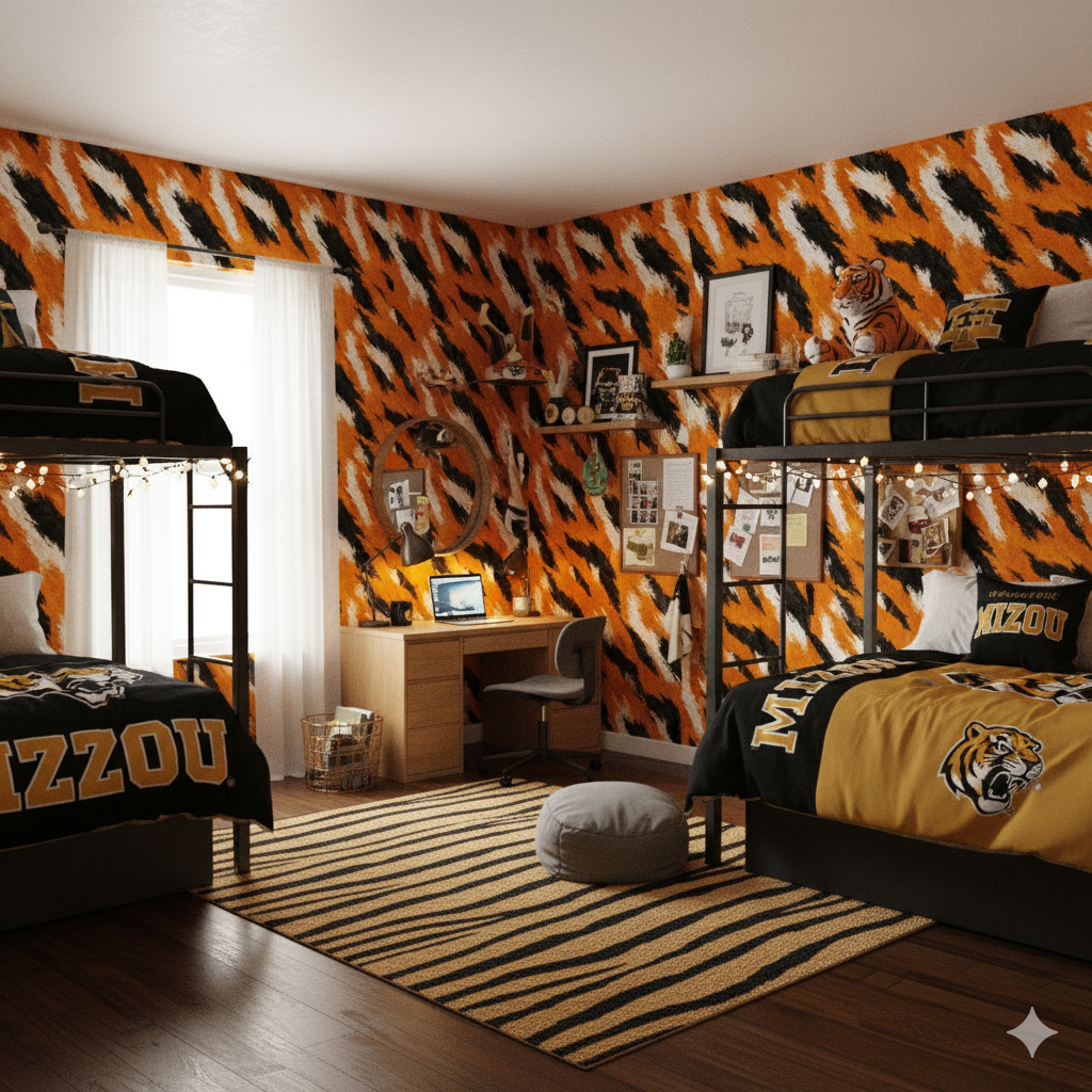 Flame patterned wallpaper with black and white accents, featuring an orange base.
