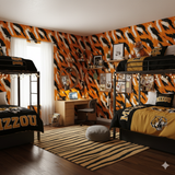 Flame patterned wallpaper with black and white accents, featuring an orange base.

