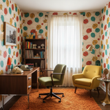 Atomic Jive Wallpaper with colorful, retro circles and lines pattern covers the entire room's walls.
